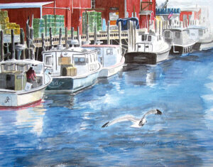 Union Wharf watercolor by Maine artist Dominic White