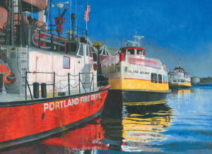 Painting of the Miss Portland Fireboat and Casco Bay Ferries in Portland, Maine