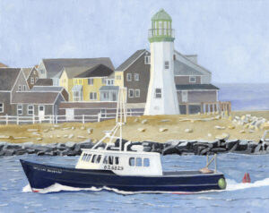 Painting of a lobster boat entering Scituate harbor, Massachusetts by Dominic White