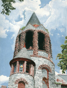 Painting of the old Stone Bell Tower of St. Lawrence Church on Munjoy Hill in Portland, Maine by artist Dominic White