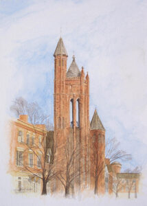 Watercolor paitnting of gothic revival State Street Church in Portland, Maine by Dominic White