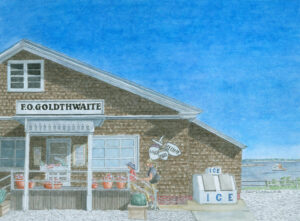 Watercolor painting of F.O. Goldthwaite general store in Biddeford, ME by Dominic White