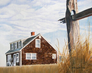 Painting of a cottage on a Massachusetts beach with an old post and beam fence in the foreground during sunset. By artist Dominic White