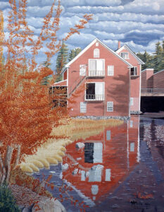 Painting of a pink house on the Androscoggin River in Maine during Autumn. Painted by Maine artist Dominic White