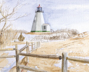 Watercolor painting of Plymouth Lighthouse in the Winter by artist Dominic White.