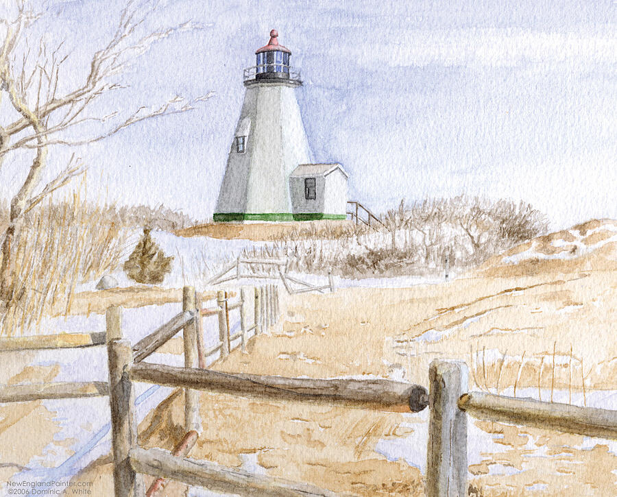 Watercolor painting of Plymouth Lighthouse in the Winter by artist Dominic White.