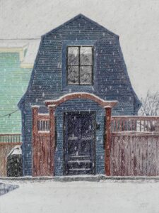 Pastel drawing of a gray house with a barn style roof on a snowy day in Portland, Maine. Created by artist, Dominic White