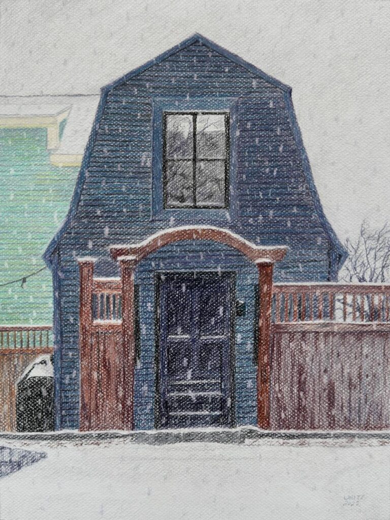 Pastel drawing of a gray house with a barn style roof on a snowy day in Portland, Maine. Created by artist, Dominic White