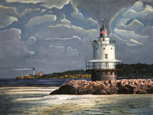 Painting of a fisherman sitting on the end of a jetty next to Spring Point Light in South Portland, Maine. Portland Head Light is seen in the distance. The sky is dark and cloudy with a ray of light shining on Spring Point Light and the water at the end of the Jetty.