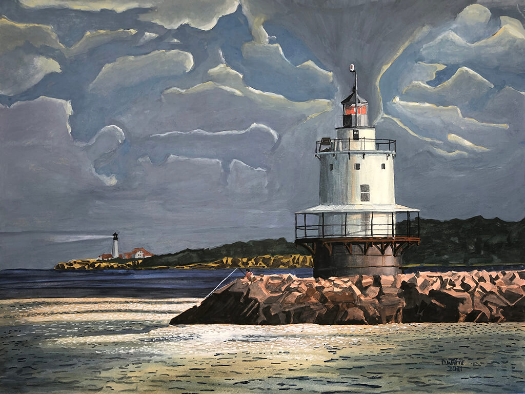 Painting of a fisherman sitting on the end of a jetty next to Spring Point Light in South Portland, Maine. Portland Head  Light is seen in the distance. The sky is dark and cloudy with a ray of light shining on Spring Point Light and the water at the end of the Jetty.