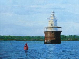 Painting of Lubec Channel Lighthouse with a red navigation buoy in the foreground and Lubec, Maine visible in the background.