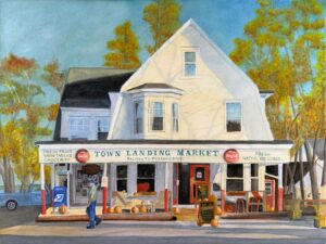 Watercolor painting of Town Landing Market in Falmouth, Maine. The classic New England general store is painted in the late afternoon yellow light during Autumn.