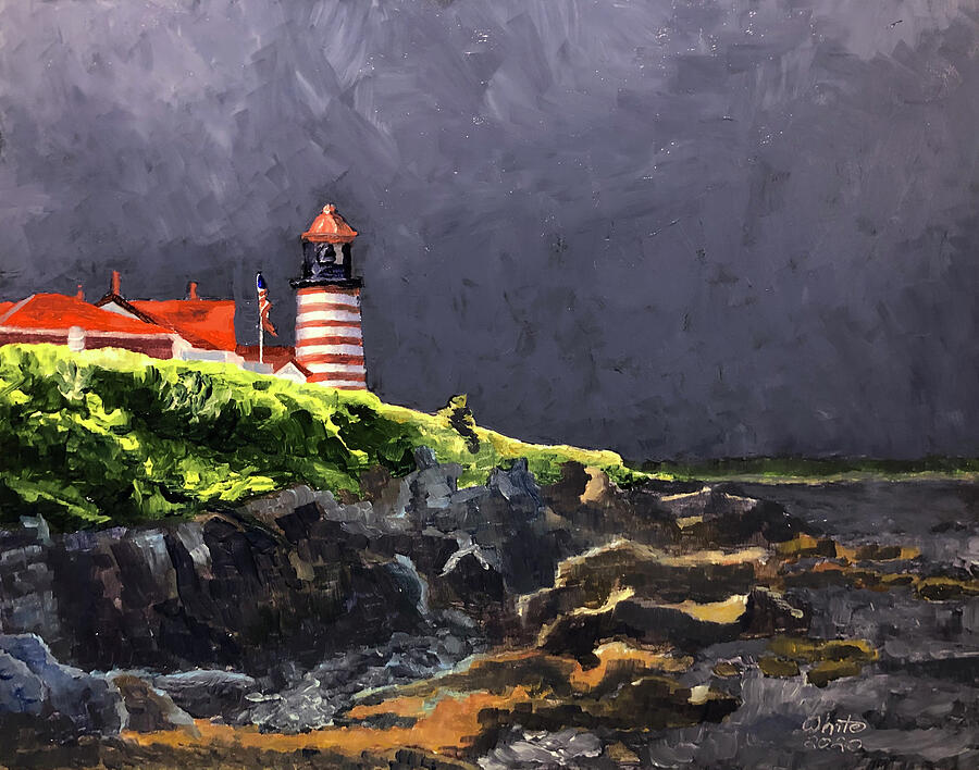 Painting of a lighthouse with red and white stripes on the tower and keeper's house with a red roof against a dark stormy sky. Sunlight lights up a sliver of the trees and cliffs underneath it.