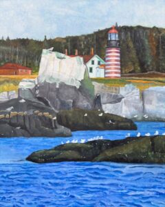 A painting of the Maine coastline showing a rock in the foreground with seagulls on it. Another rock with a stained white top looms over it. The red and white striped tower of West Quoddy Head Lighthouse can be seen in the background.