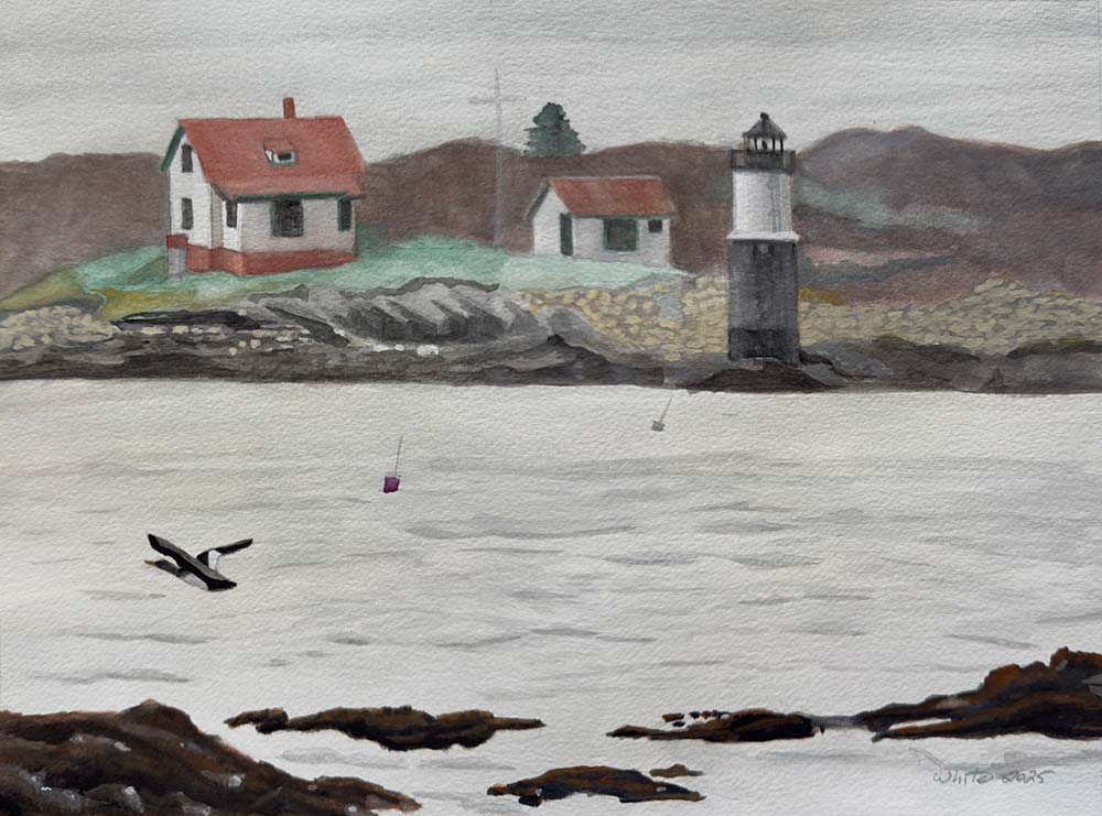 Watercolor painting of Ram Island Light in Boothbay Harbor, Maine. A seagull flies above rocks in the foreground while the lighthouse sits on the shore of Ram Island in the distance.