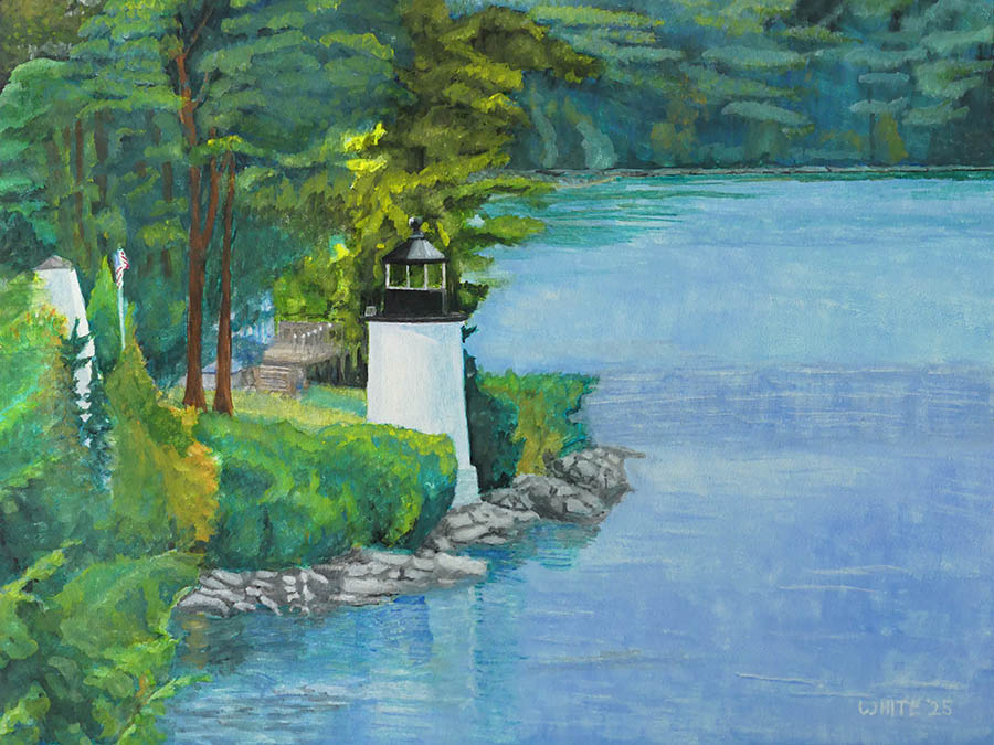 A painting of Whitlocks Mill Light in Calais, Maine. The lighthouse is viewed from above looking down on the shoreline and the St. Croix river.