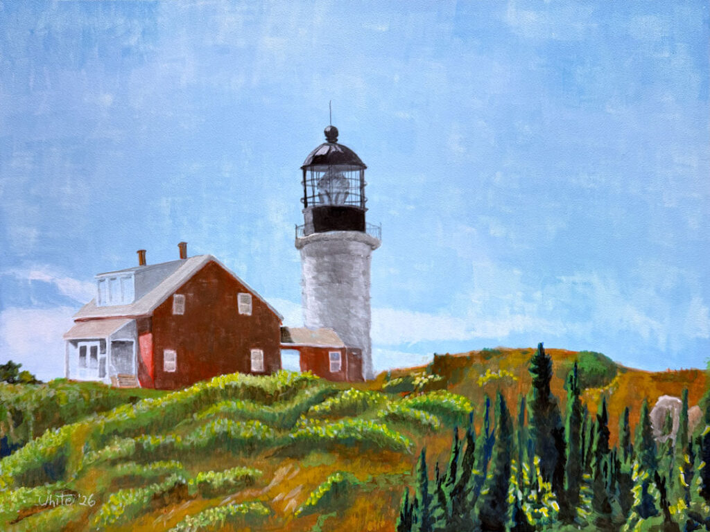 A painting of Seguin Island Lighthouse near Georgetown, Maine. The painting shows the top of Seguin Island with a lighthouse in front of a blue sky with beach roses and berry bushes along the ground. Tips of spruce trees are in the lower right foreground.