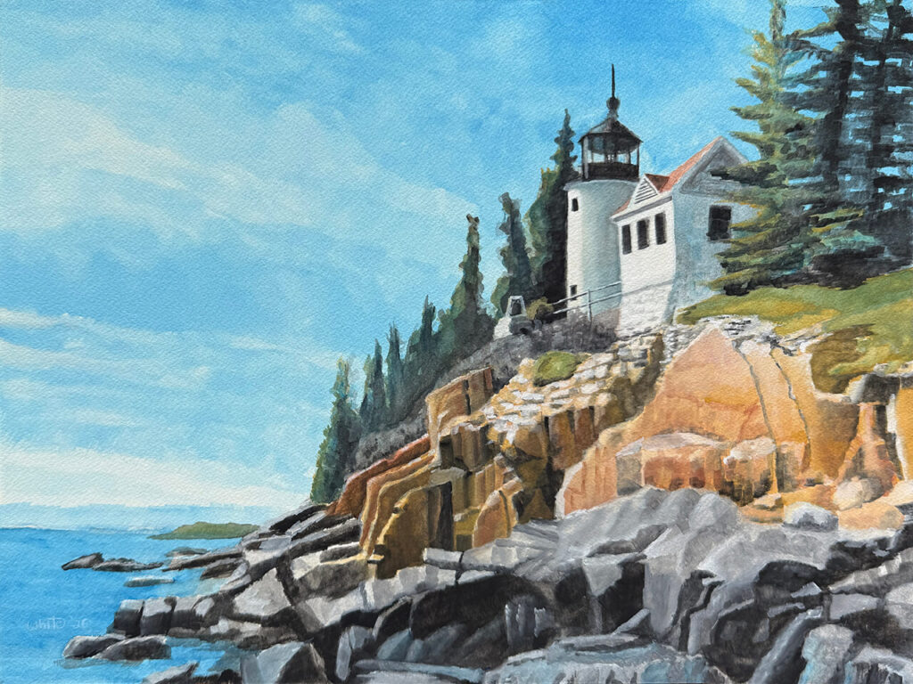 A painting of Bass Harbor Head Lighthouse by Maine artist, Dominic White. The white lighthouse is seen atop a steep cliff flanked by evergreen trees.