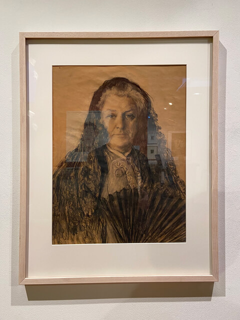 Charcoal portrait drawing by Waldo Peirce hanging in the Zillman Art Museum
