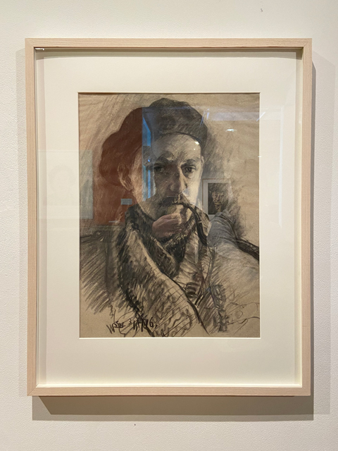 Charcoal portrait drawing by Waldo Peirce hanging in the Zillman Art Museum